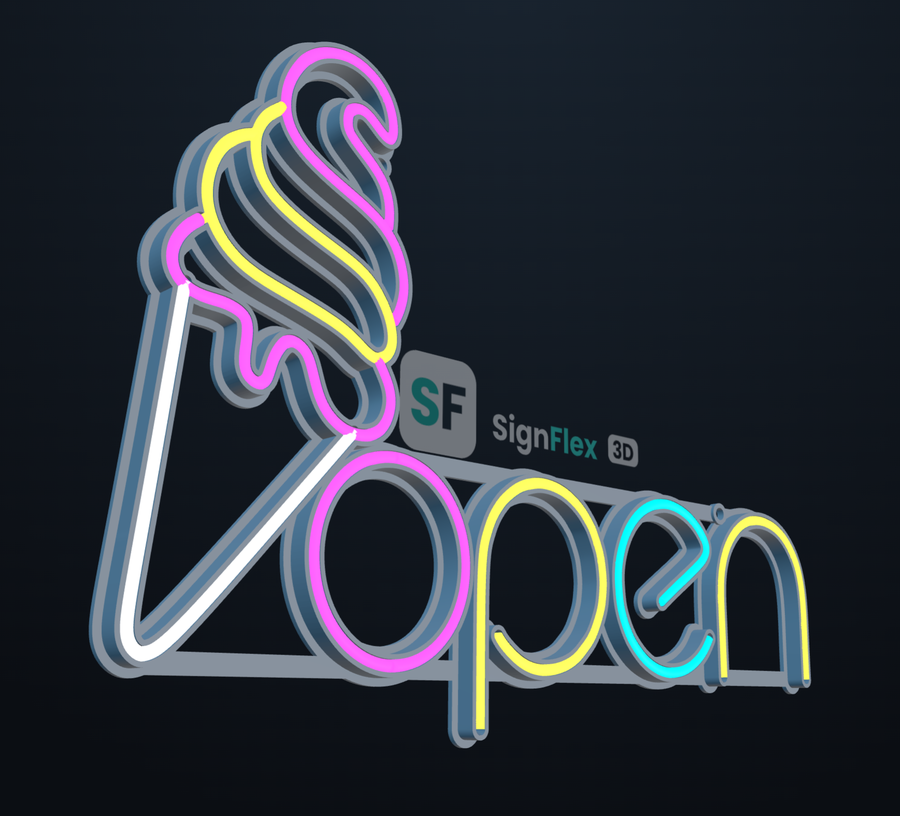 Letrero Helado Open de neonflex, hecho con SignFlex3D