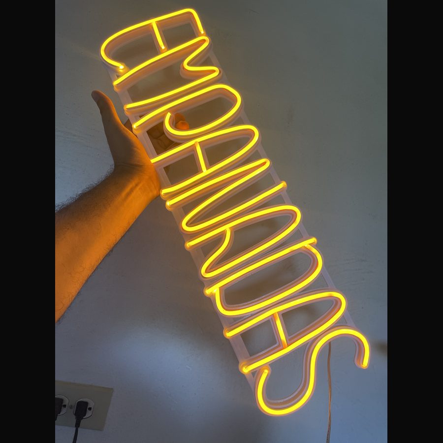Letrero que dice EMPANADAS, encendido en amarillo en un local